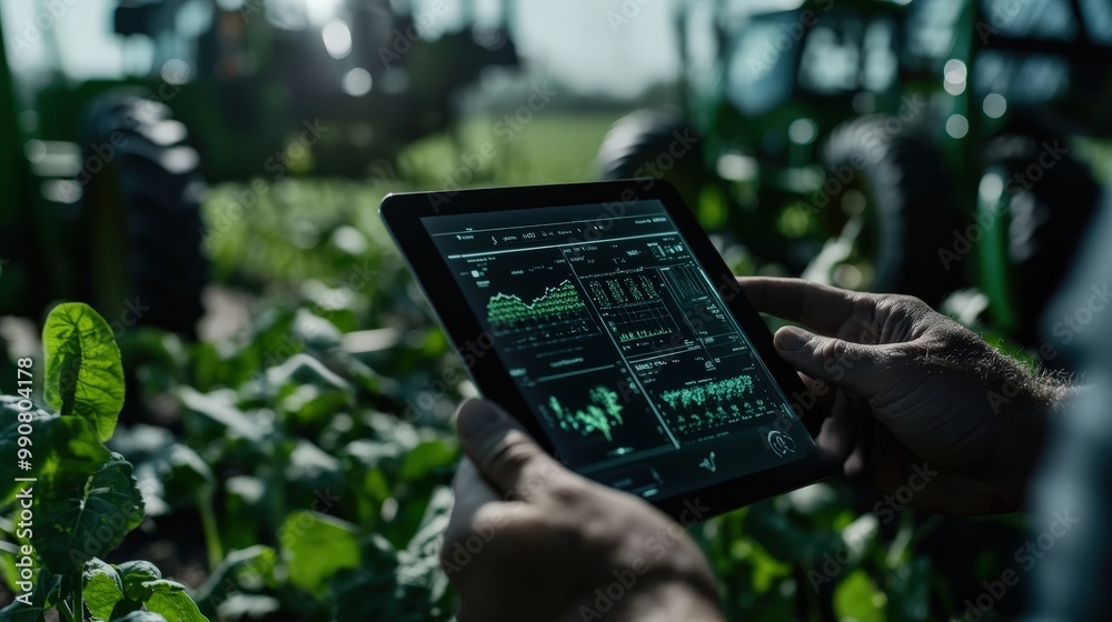 Hands holding a tablet with intricate agricultural data on screen are visible against a backdrop of green crops, symbolizing advanced technology intersecting with traditional farming methods. Hands holding a tablet with intricate agricultural data on screen are visible against a backdrop of green crops, symbolizing advanced technology intersecting with traditional farming methods.