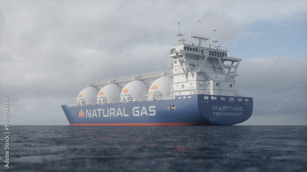 Cargo ship transporting liquefied natural gas. Realistic 3d render.