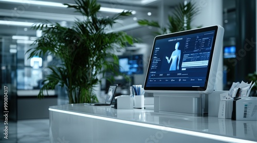 A sleek modern digital kiosk in a healthcare setting displays advanced medical data and patient information, underscoring the role of innovative technology in improving healthcare services.