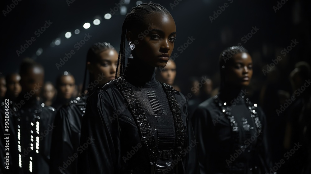 A group of models in unified black uniforms standing on the runway, creating a high-fashion, uniformed, and futuristic presentation during a stylish fashion event. A group of models in unified black uniforms standing on the runway, creating a high-fashion, uniformed, and futuristic presentation during a stylish fashion event.