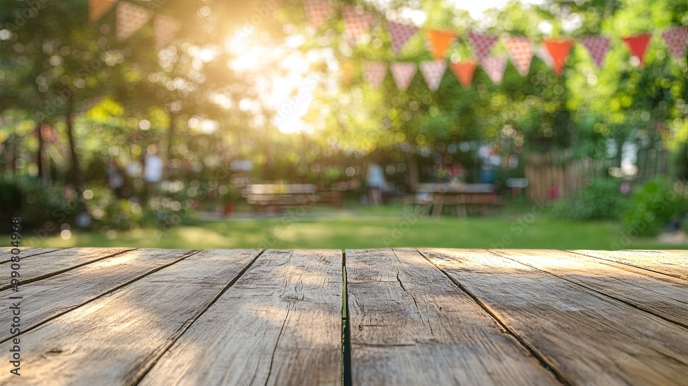 Empty wooden table with party in backyard, blurred background with festive bunting - Empty wooden table with party in backyard, blurred background with festive bunting -