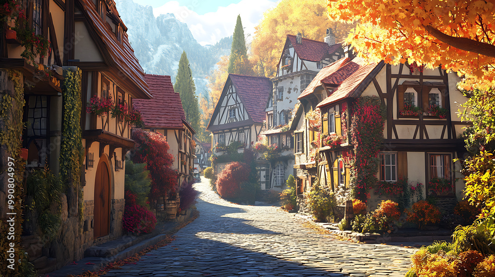 Fototapeta premium Charming background with a road through an old village, featuring traditional architecture, cobblestone streets, and historic charm