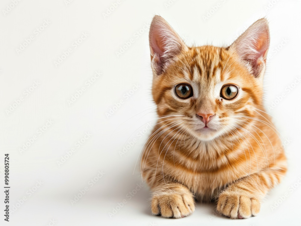 A curious orange tabby kitten rests with wide eyes on a light background, radiating playfulness and charm. A curious orange tabby kitten rests with wide eyes on a light background, radiating playfulness and charm.