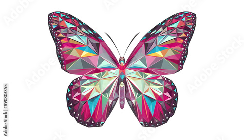 Abstract digital vivid butterfly isolated on white background. Vector illustration in polygons, lines and dots. Colorful low poly wireframe. High resolution