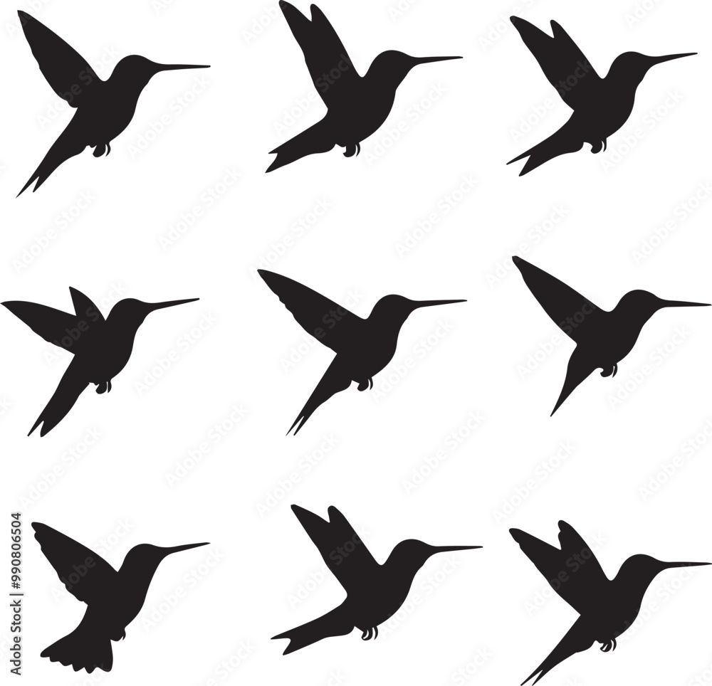 Fototapeta premium Hummingbird Silhouette Vector: Set of 9 Flying Bird Illustrations, Black and White Graphic Design Elements, Wildlife Art for Crafts and Decor