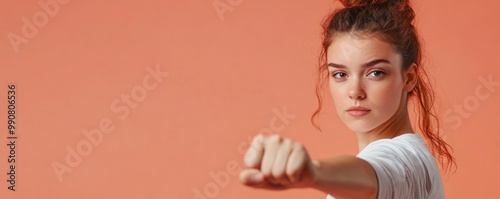 Determined woman posing with arm extended in white top photo