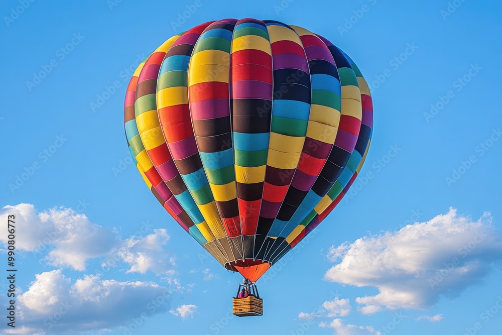 Colorful hot air balloon floating peacefully in a clear blue sky with fluffy clouds Colorful hot air balloon floating peacefully in a clear blue sky with fluffy clouds
