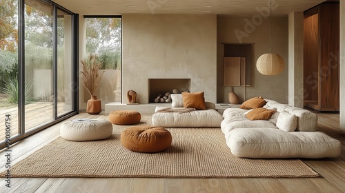 hyggeinspired living room with oversized knit textures warm wood tones and soft diffused light from paper lanterns photo