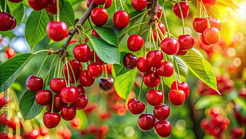 Lush cherry tree bursting with vibrant red fruits, swaying gently among the rich green leaves, creating a picturesque scene of summer's sweet promise in full bloom.