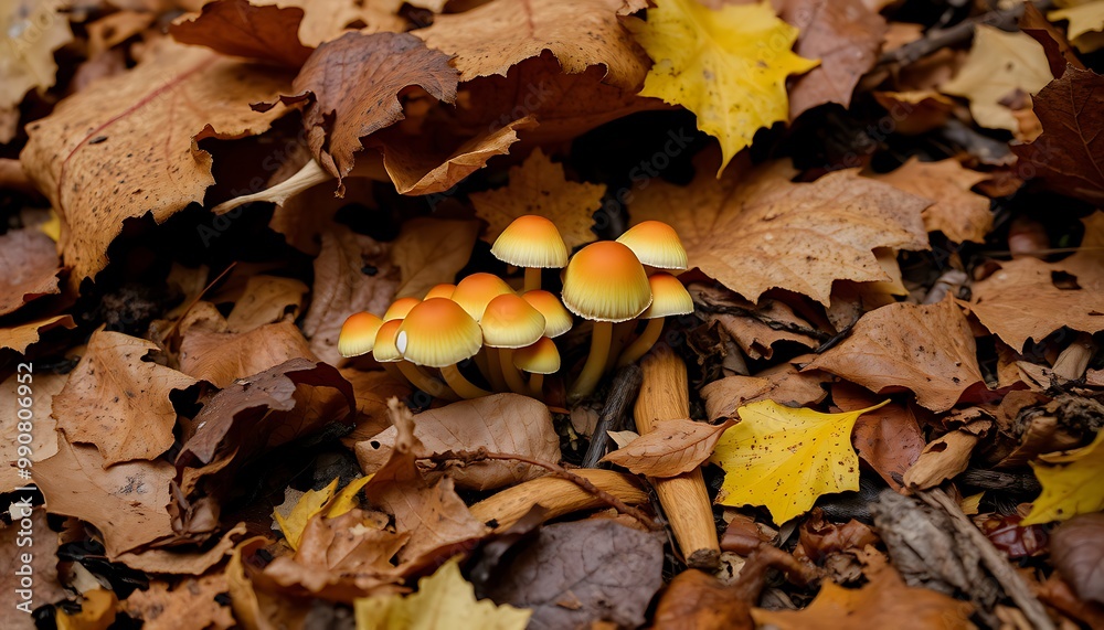A small cluster of mushrooms emerges from beneath the cover of fallen leaves, their delicate caps tinged with the colors of autumn. A small cluster of mushrooms emerges from beneath the cover of fallen leaves, their delicate caps tinged with the colors of autumn.