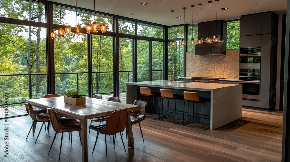 Fototapeta premium Modern kitchen and dining area with large windows overlooking a forest.