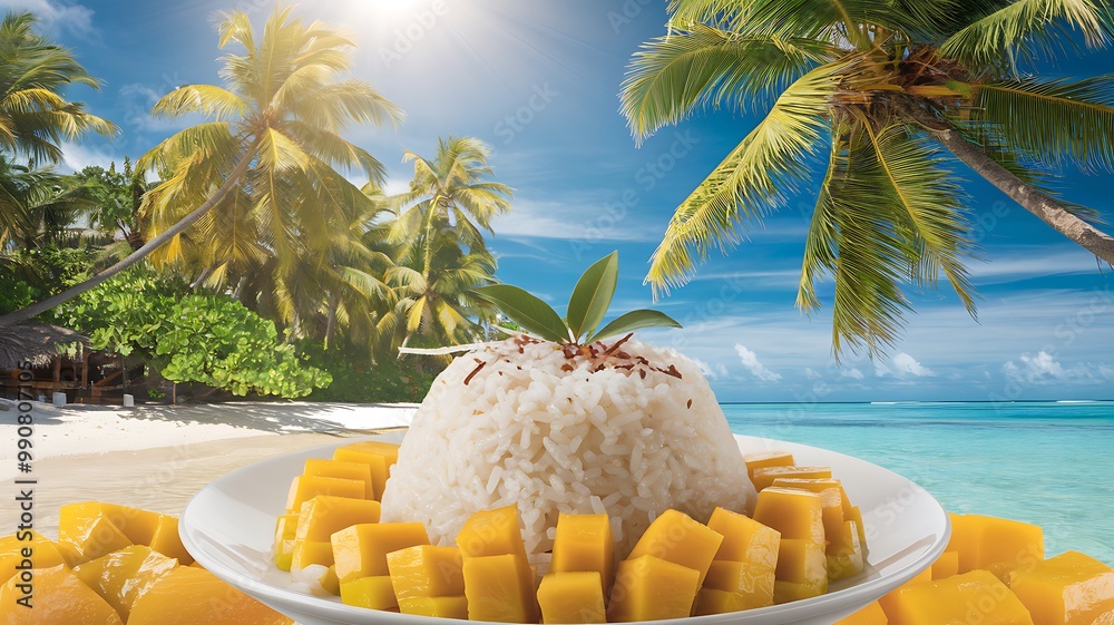 Obraz premium A plate of sticky rice with mango and a tropical beach in the background.