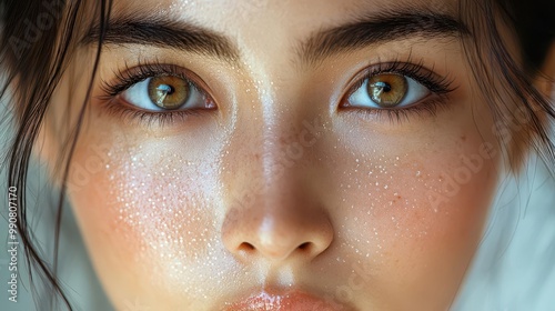 hyperrealistic closeup of an asian womans face with skin texture enhanced by nanotechnology microscopic beauty enhancements visible blurring the line between natural and artificial