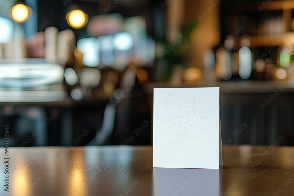 A close-up shot of an empty white A4 card standing on the table in the foreground. Created with Ai