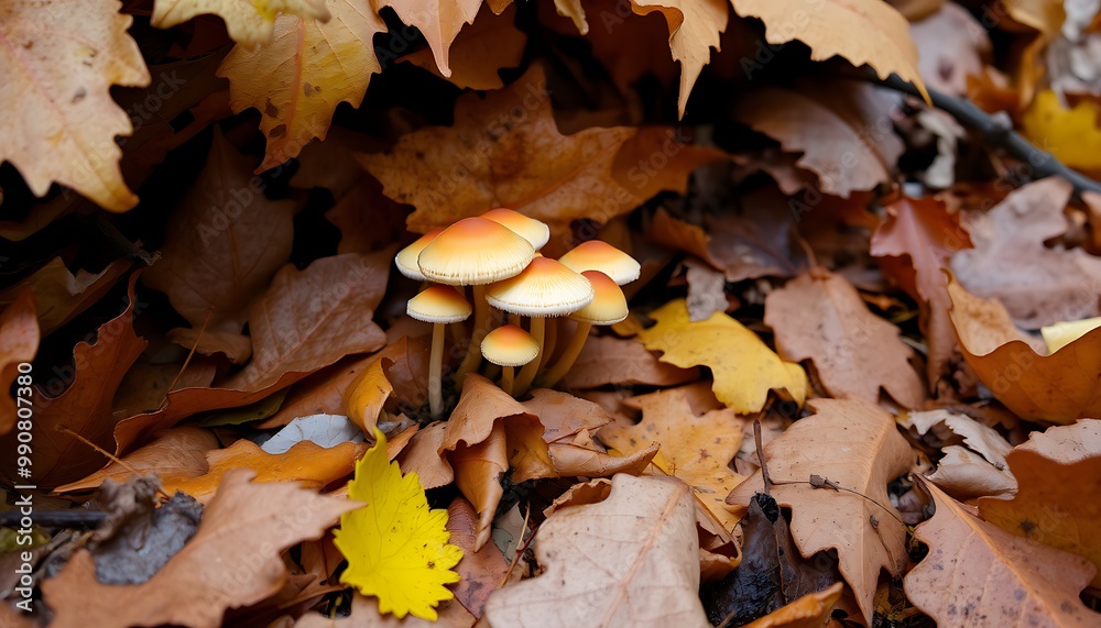 A small cluster of mushrooms emerges from beneath the cover of fallen leaves, their delicate caps tinged with the colors of autumn. A small cluster of mushrooms emerges from beneath the cover of fallen leaves, their delicate caps tinged with the colors of autumn.
