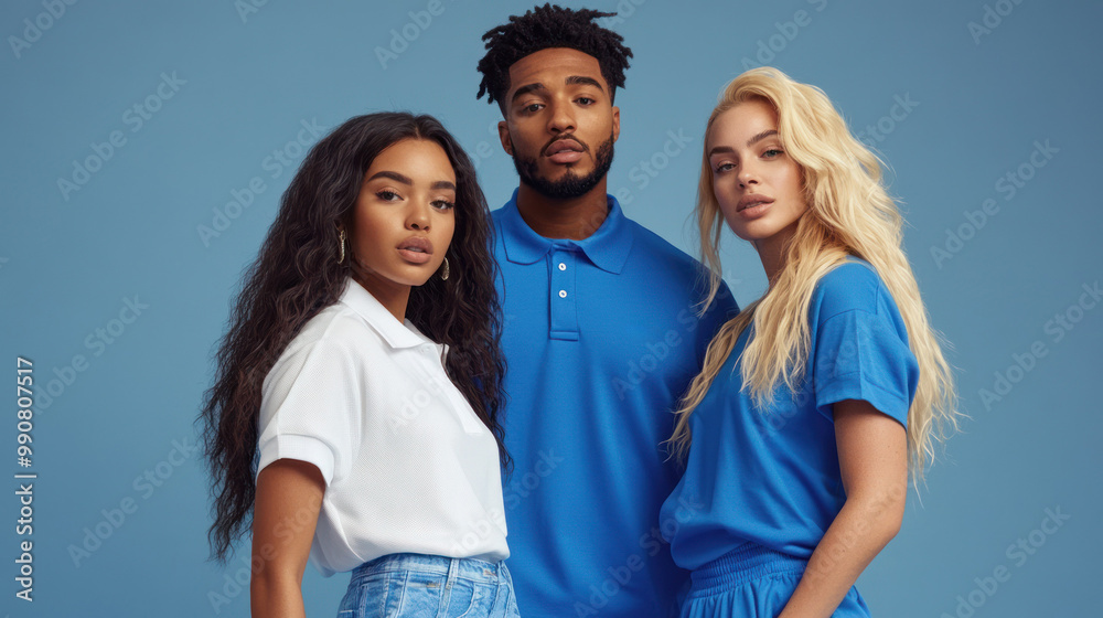 Stylish trio in fashionable blue against studio backdrop Stylish trio in fashionable blue against studio backdrop
