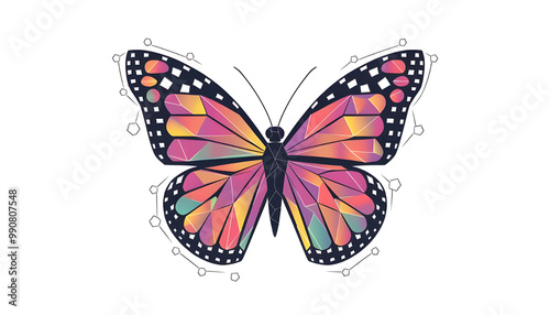 Abstract digital vivid butterfly isolated on white background. Vector illustration in polygons, lines and dots. Colorful low poly wireframe. High resolution