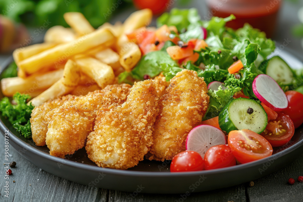 a plate of crispy, golden chicken tenders and seasoned fries. AI generative. a plate of crispy, golden chicken tenders and seasoned fries. AI generative.