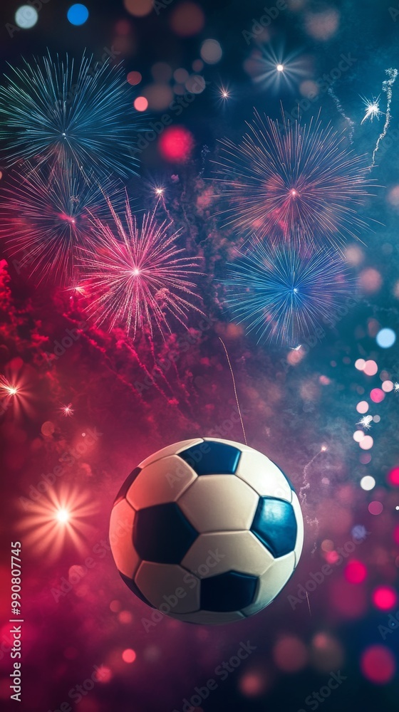 Naklejka premium A soccer ball is floating in the air above a fireworks display