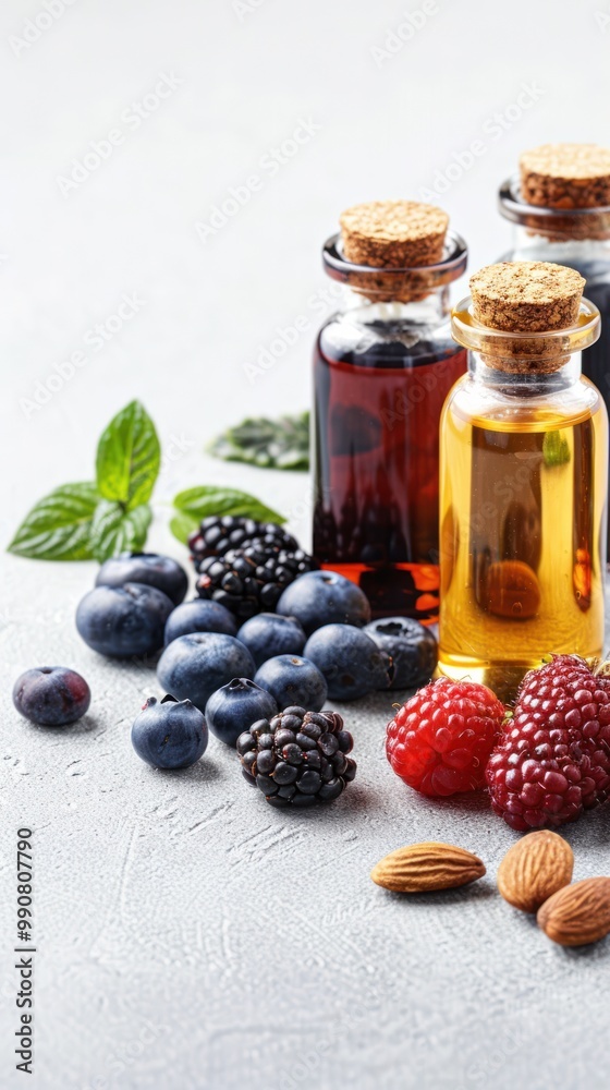 Superfood extracts displayed with fresh berries and seeds. Superfood extracts displayed with fresh berries and seeds.