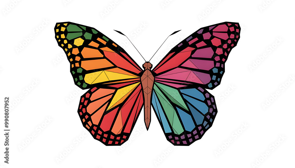Abstract digital vivid butterfly isolated on white background. Vector illustration in polygons, lines and dots. Colorful low poly wireframe. High resolution Abstract digital vivid butterfly isolated on white background. Vector illustration in polygons, lines and dots. Colorful low poly wireframe. High resolution