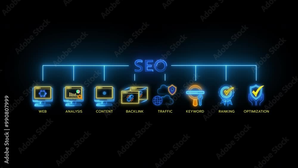 Glowing neon line banner of SEO concept with icons of web, analysis, content, backlink, keyword, traffic, ranking and optimization isolated on transparent background.