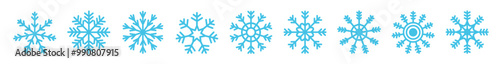 Blue snowflake icon set line banner. Different shape. Snowflakes collection. Cute funny snow flake winter sign symbol template. Childish style. Flat design. Isolated. White background. Vector