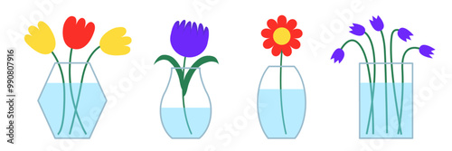 Flower in vase set line. Transparent glass vases with blue water. Different flowers. Cute colorful icon. Daisy, tulip, gerbera, blue bell flower. Ceramic decoration White background Flat design Vector