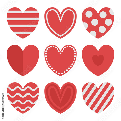 Happy Valentines day. Red heart icon set. Cute polka dot, line pattern. Love sign symbol simple template. Greeting card. Decoration element. Square composition. Flat design. White background. Vector