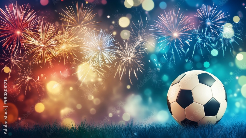 Fototapeta premium A soccer ball is on a field with fireworks in the background