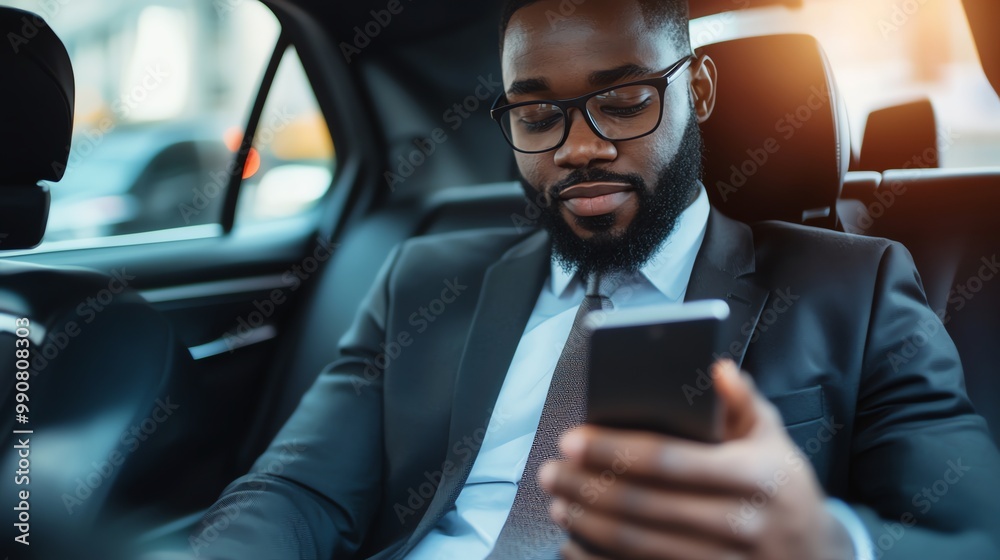A man in a suit looks at his phone while sitting in the back seat of a car. A man in a suit looks at his phone while sitting in the back seat of a car.