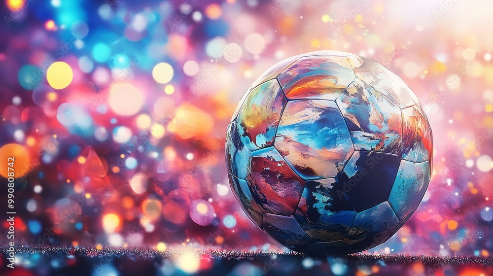 A colorful soccer ball sits on a field with a blurry background A colorful soccer ball sits on a field with a blurry background