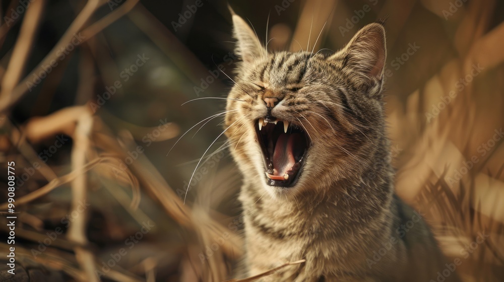 Adorable domestic cat yawning with mouth wide open, revealing sharp fangs and whiskers, perfect for animal lovers, pet-themed projects, and capturing the playful nature of feline behavior in high-qual Adorable domestic cat yawning with mouth wide open, revealing sharp fangs and whiskers, perfect for animal lovers, pet-themed projects, and capturing the playful nature of feline behavior in high-qual