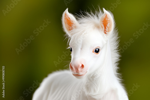 A baby horse with a white face and brown ears
