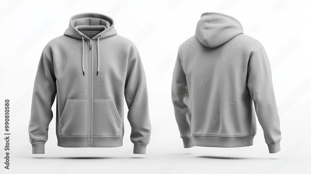 Light gray zip-up hoodie with kangaroo pockets and drawstring hood, displayed front and back, simple and functional. Light gray zip-up hoodie with kangaroo pockets and drawstring hood, displayed front and back, simple and functional.