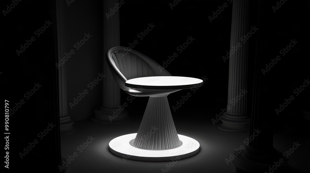 A modern, illuminated chair set against a dark background, highlighting its design. A modern, illuminated chair set against a dark background, highlighting its design.