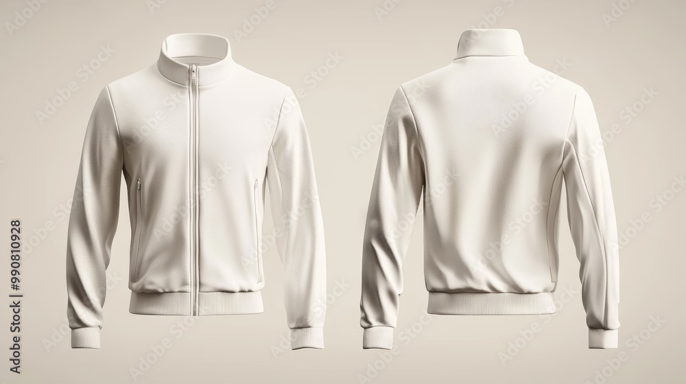 White athletic jacket with a high collar and front zipper, displayed front and back, offering a clean and modern look. White athletic jacket with a high collar and front zipper, displayed front and back, offering a clean and modern look.