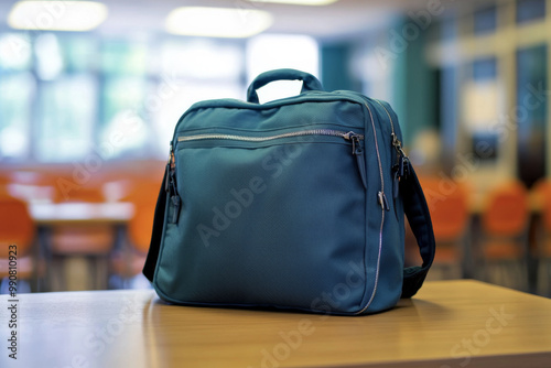 A teal bag is placed on a table in a bright room with orange chairs, suggesting a study or work environment.