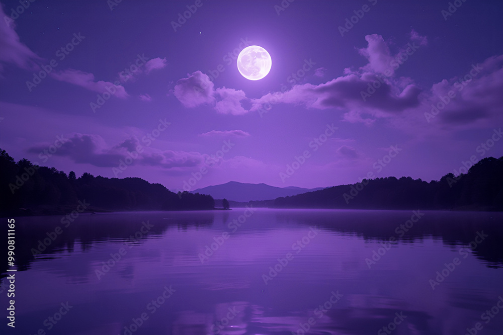 Purple sky, full moon over lake Tranquil dreams of purple and silver moonlight over the calm waters Generative AI Purple sky, full moon over lake Tranquil dreams of purple and silver moonlight over the calm waters Generative AI