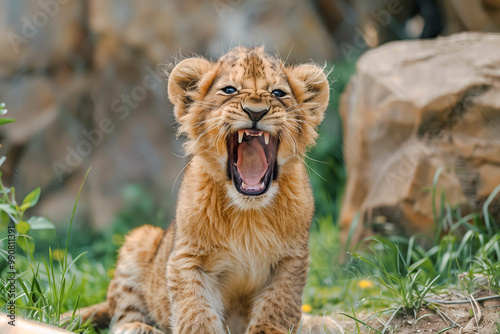 A baby lion cub roars in nature