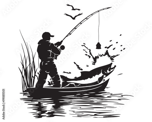 Fisherman and Rod Vector Silhouette Set, Outdoor Fishing Vector Silhouette Illustrations,