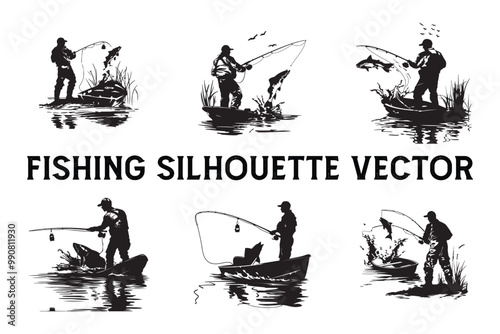 Fisherman and Rod Vector Silhouette Set, Outdoor Fishing Vector Silhouette Illustrations,