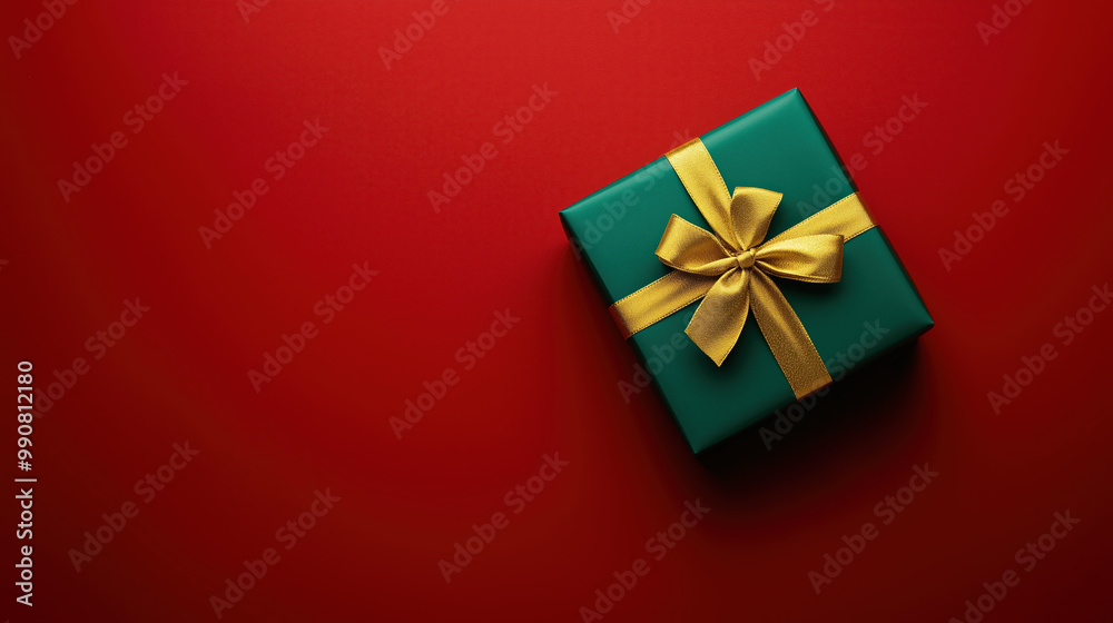 A green gift box with a festive golden ribbon on a red background. A green gift box with a festive golden ribbon on a red background.