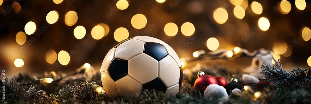 A soccer ball is surrounded by Christmas decorations A soccer ball is surrounded by Christmas decorations