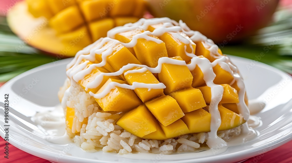 Close up of mango sticky rice with coconut milk, a traditional Thai dessert. Close up of mango sticky rice with coconut milk, a traditional Thai dessert.