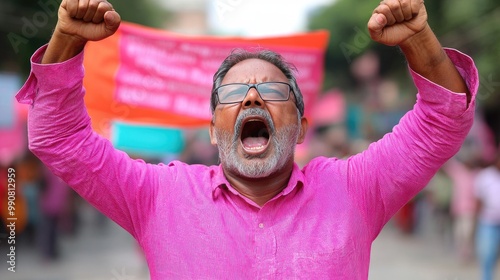 A passionate protester in a pink shirt raises his fists in the air, shouting fervently during a vibrant demonstration. photo