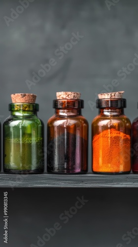 Shelf with various seed extracts in dark bottles.