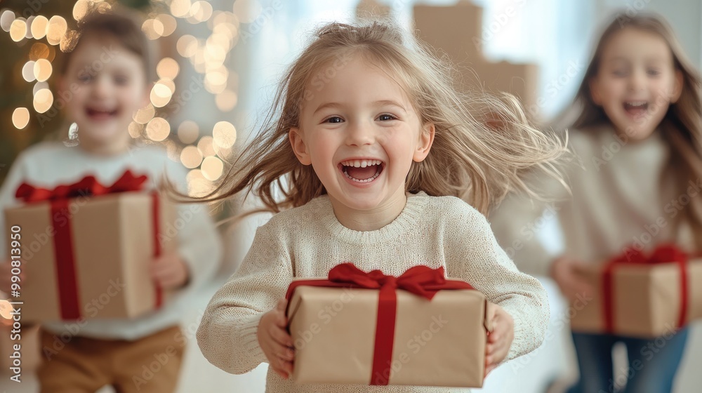 Three joyful children in cozy sweaters excitedly run with holiday gifts, embodying the spirit of celebration and happiness. Three joyful children in cozy sweaters excitedly run with holiday gifts, embodying the spirit of celebration and happiness.