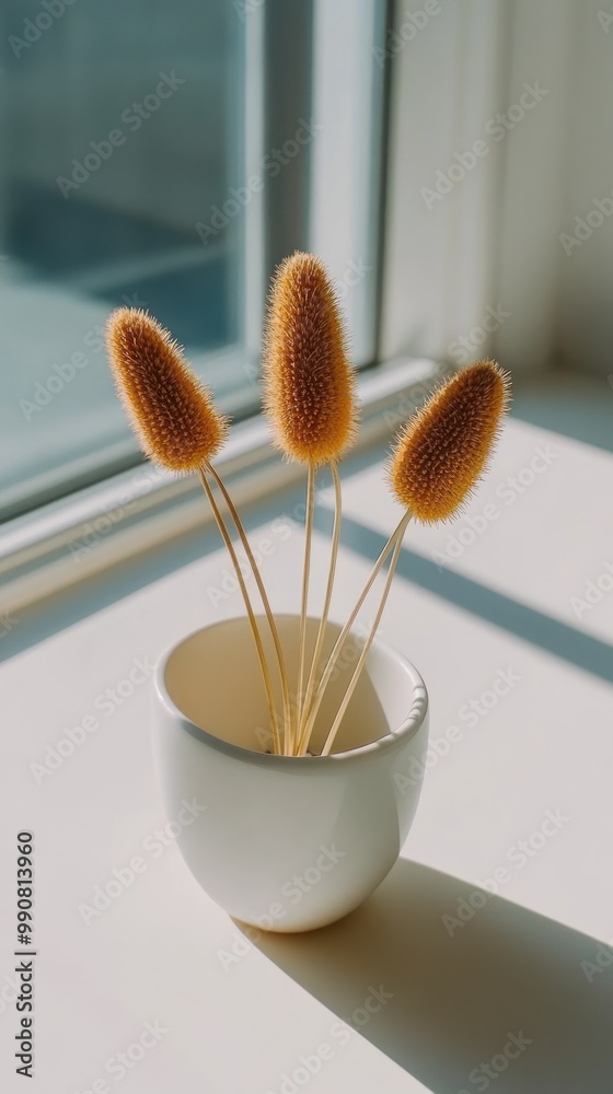 A minimalist arrangement of dried flowers in a white vase by a sunlit window. A minimalist arrangement of dried flowers in a white vase by a sunlit window.
