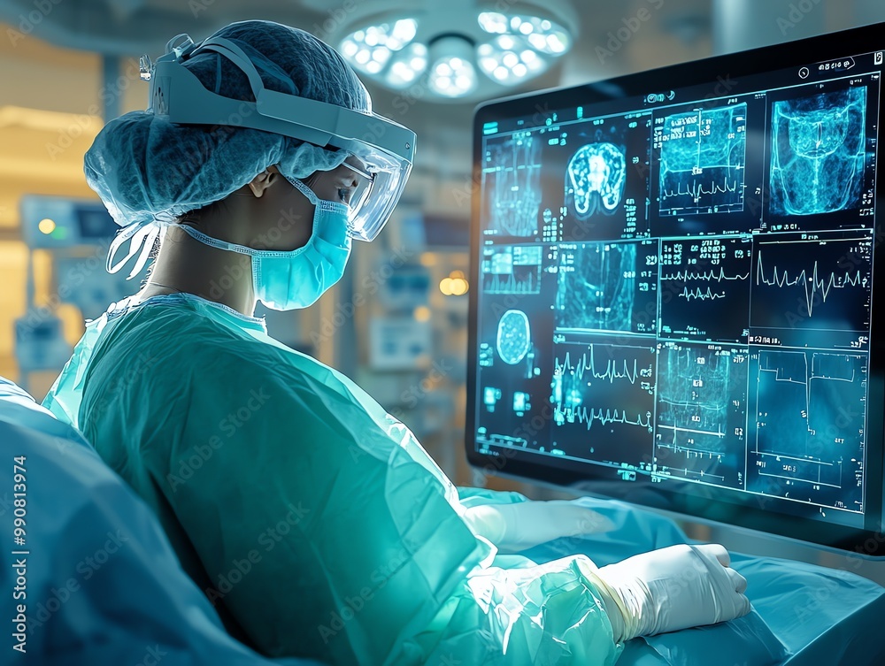 A female surgeon in a surgical gown, mask, and visor looks intently at a large medical monitor displaying a patient's vital signs and medical scans in a sterile operating room. A female surgeon in a surgical gown, mask, and visor looks intently at a large medical monitor displaying a patient's vital signs and medical scans in a sterile operating room.